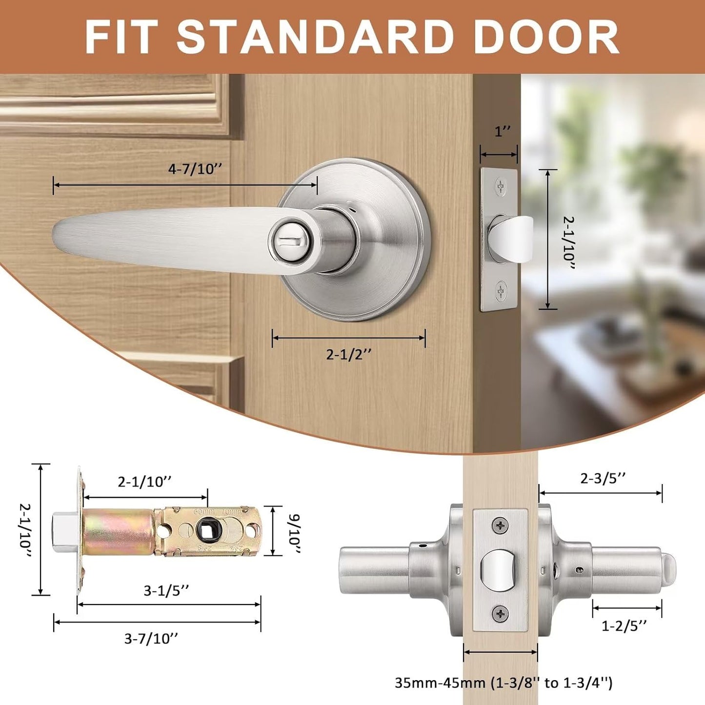 Probrico 10 Pack Privacy Door Lever Handle Set for Bedroom/Bathroom, Keyless Lock in Satin Nickel - Modern & Durable Home/Office Hardware