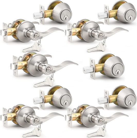 Probrico 5 Sets Satin Nickel Exterior Entry Lever and Deadbolt Combo Pack - Keyed Alike Handleset for Front Entrance Door