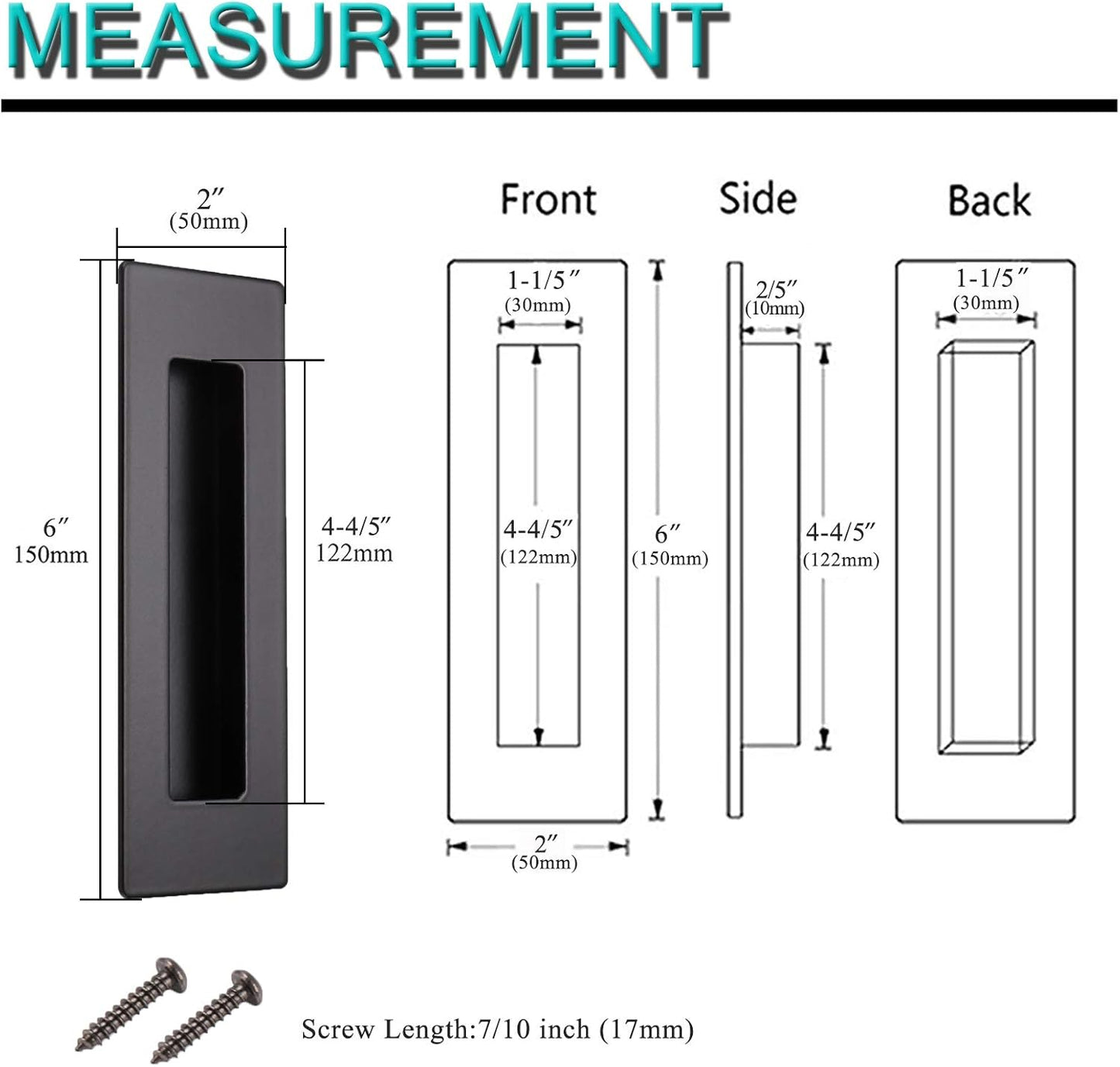 Probrico 6" Black Stainless Steel Flush Pull (10 Pack) for Sliding Barn Doors - Concealed Screws, Safe Design