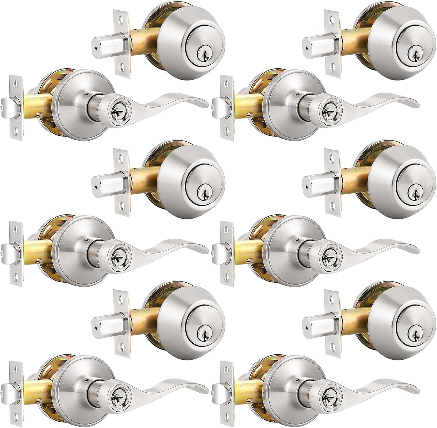 Probrico 6 Pack Keyed Alike Entry Lever Lockset and Deadbolt Combo Set - Nickel Exterior and Interior Door Hardware, Contractor Pack