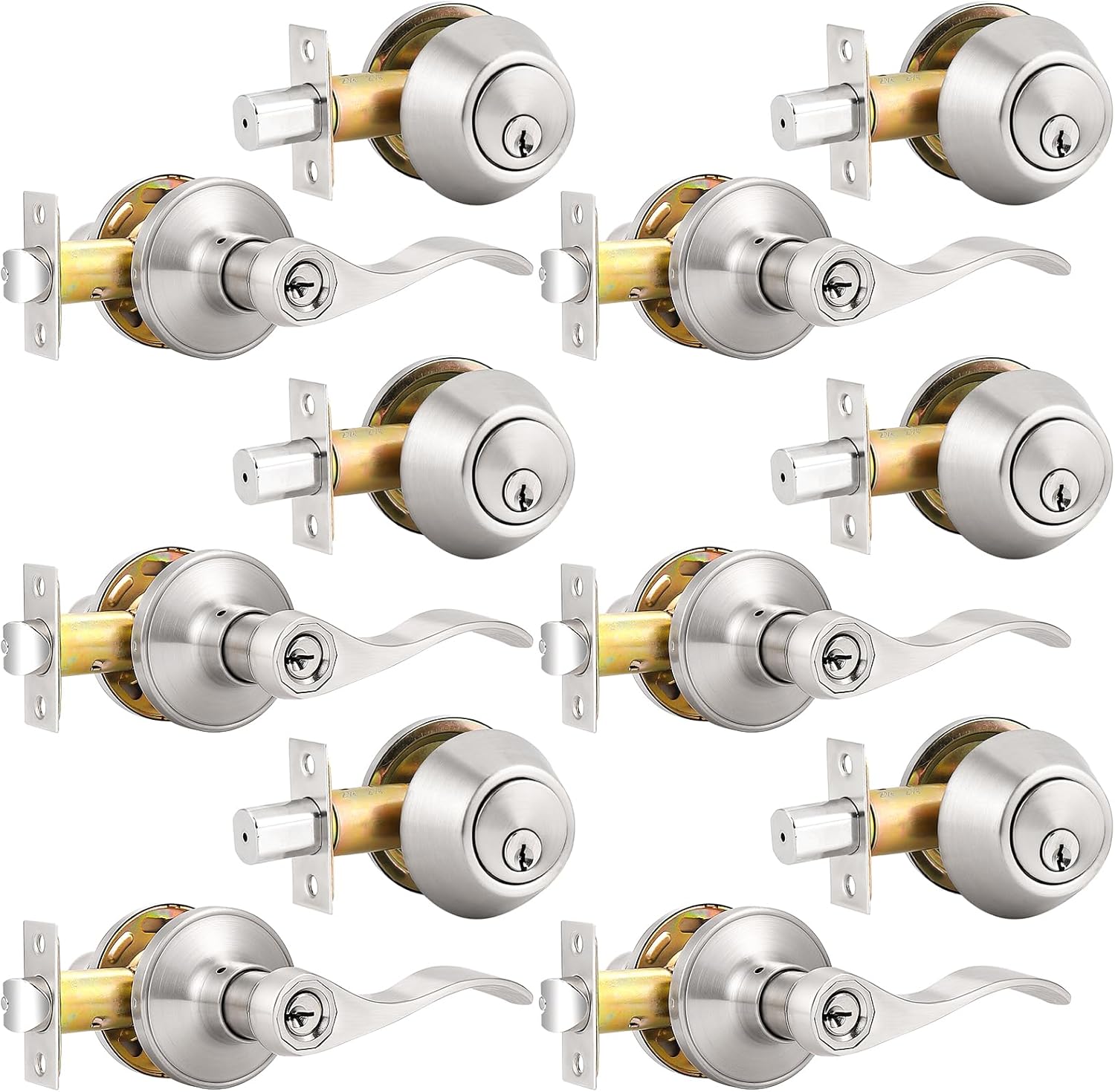 Probrico 6 Pack Keyed Alike Entry Lever Lockset and Deadbolt Combo Set - Nickel Exterior and Interior Door Hardware, Contractor Pack