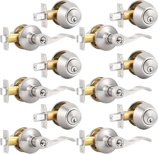 Probrico 6 Pack Keyed Alike Entry Lever Lockset and Deadbolt Combo Set - Nickel Exterior and Interior Door Hardware, Contractor Pack