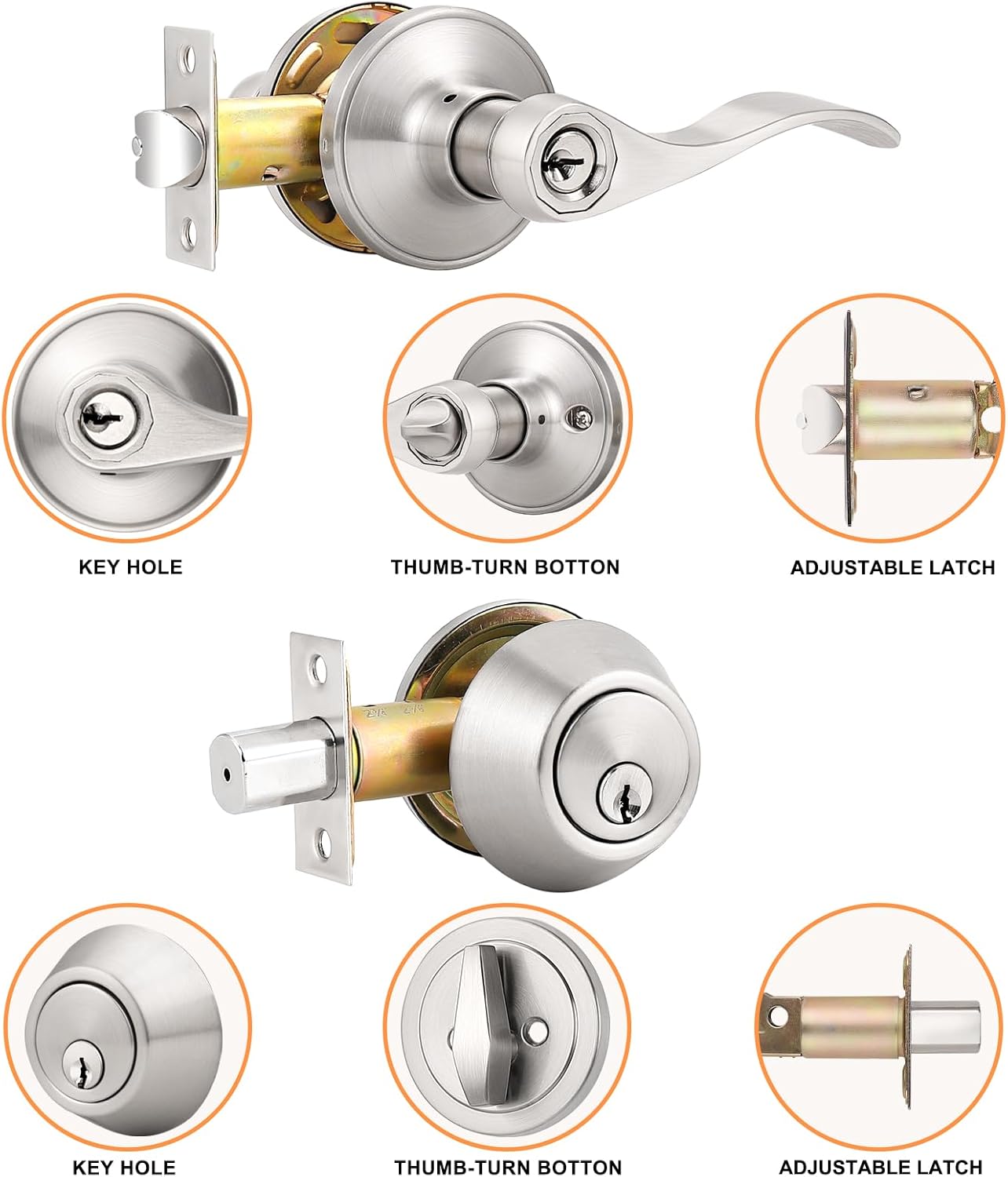 Probrico 6 Pack Keyed Alike Entry Lever Lockset and Deadbolt Combo Set - Nickel Exterior and Interior Door Hardware, Contractor Pack