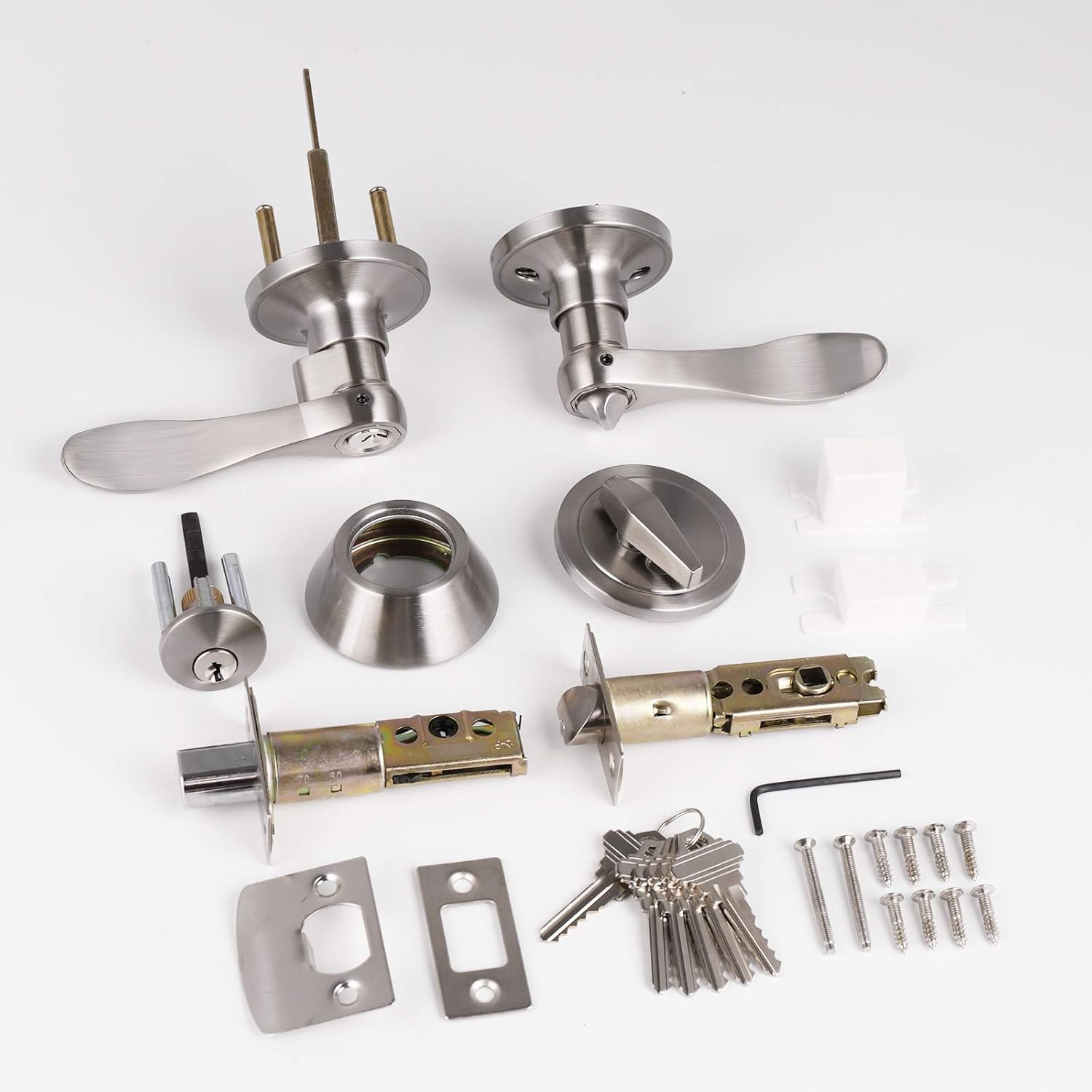 Probrico 6 Pack Keyed Alike Entry Lever Lockset and Deadbolt Combo Set - Nickel Exterior and Interior Door Hardware, Contractor Pack