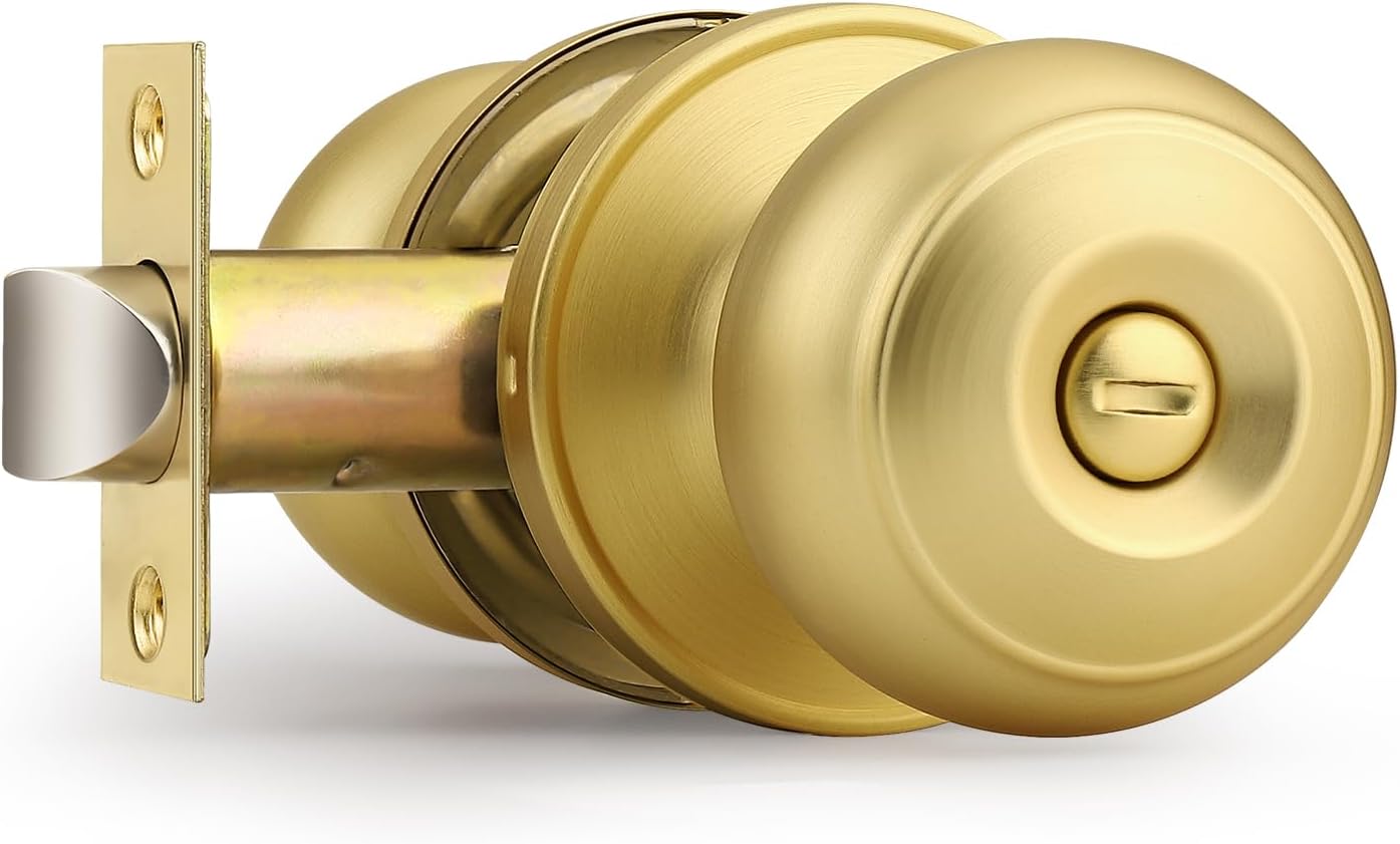 Probrico Brushed Brass Round Ball Privacy Door Knob for Bedroom Bathroom - Interior Door Knob (1 Pack)