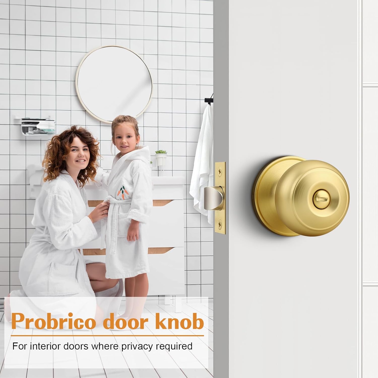 Probrico Brushed Brass Round Ball Privacy Door Knob for Bedroom Bathroom - Interior Door Knob (1 Pack)