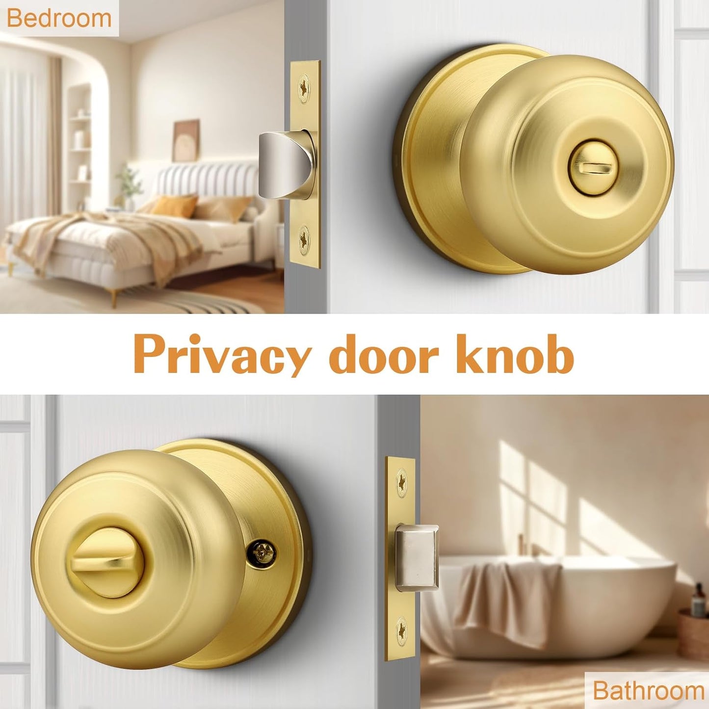 Probrico Brushed Brass Round Ball Privacy Door Knob for Bedroom Bathroom - Interior Door Knob (1 Pack)