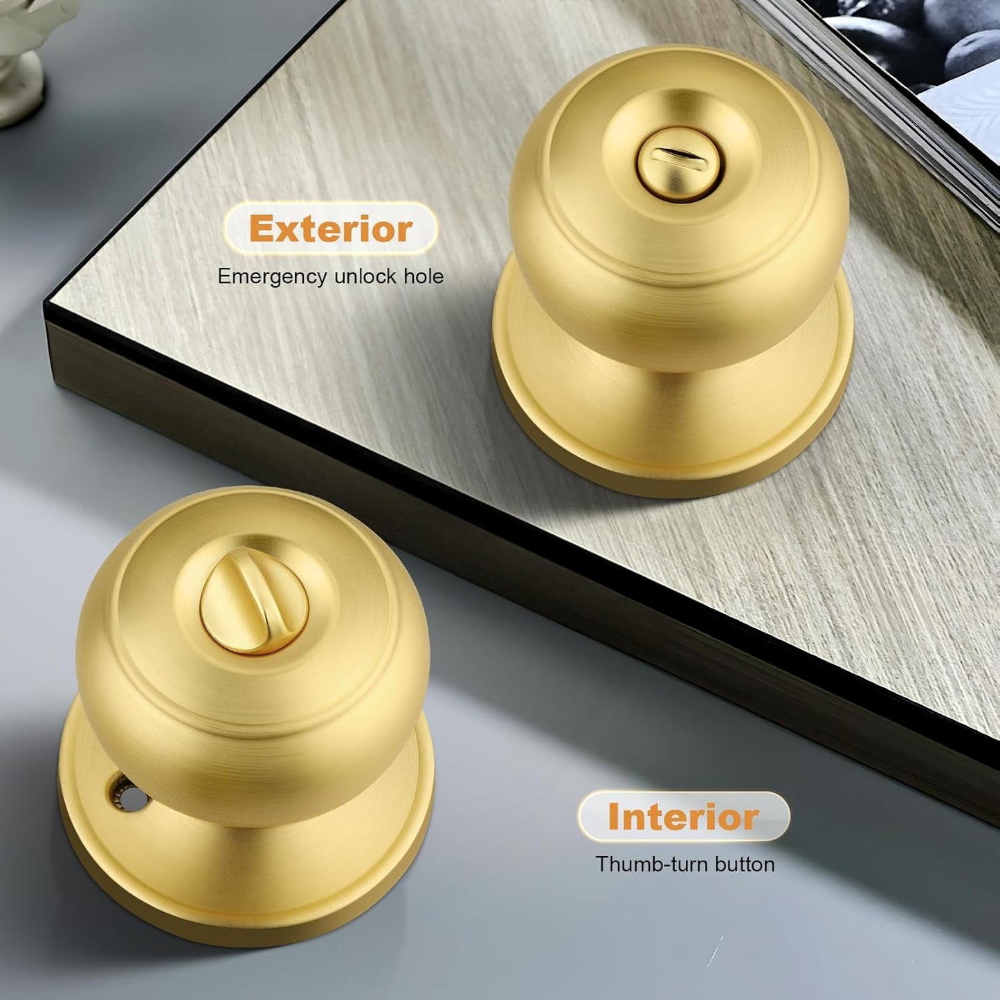Probrico Brushed Brass Round Ball Privacy Door Knob for Bedroom Bathroom - Interior Door Knob (1 Pack)