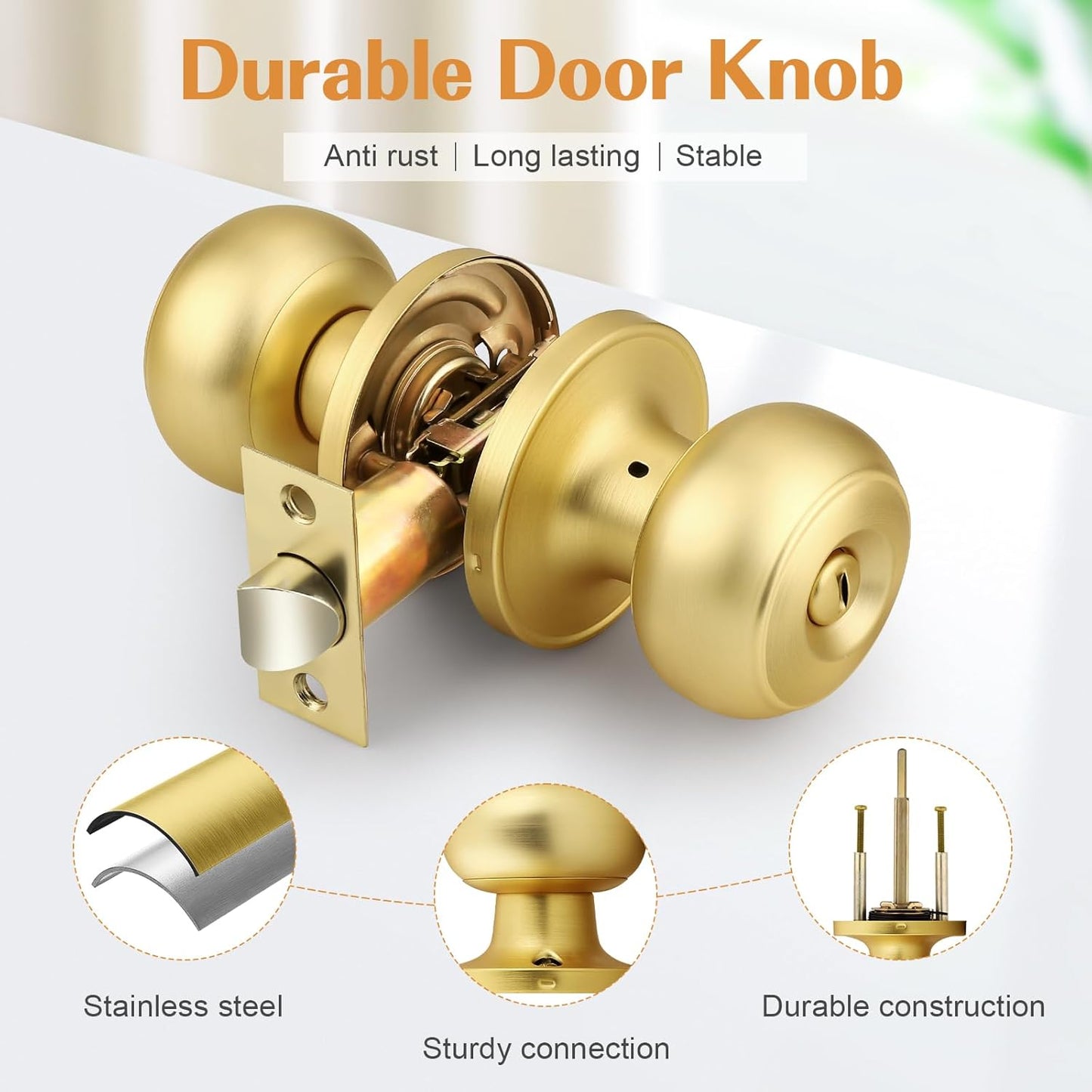Probrico Brushed Brass Round Ball Privacy Door Knob for Bedroom Bathroom - Interior Door Knob (1 Pack)