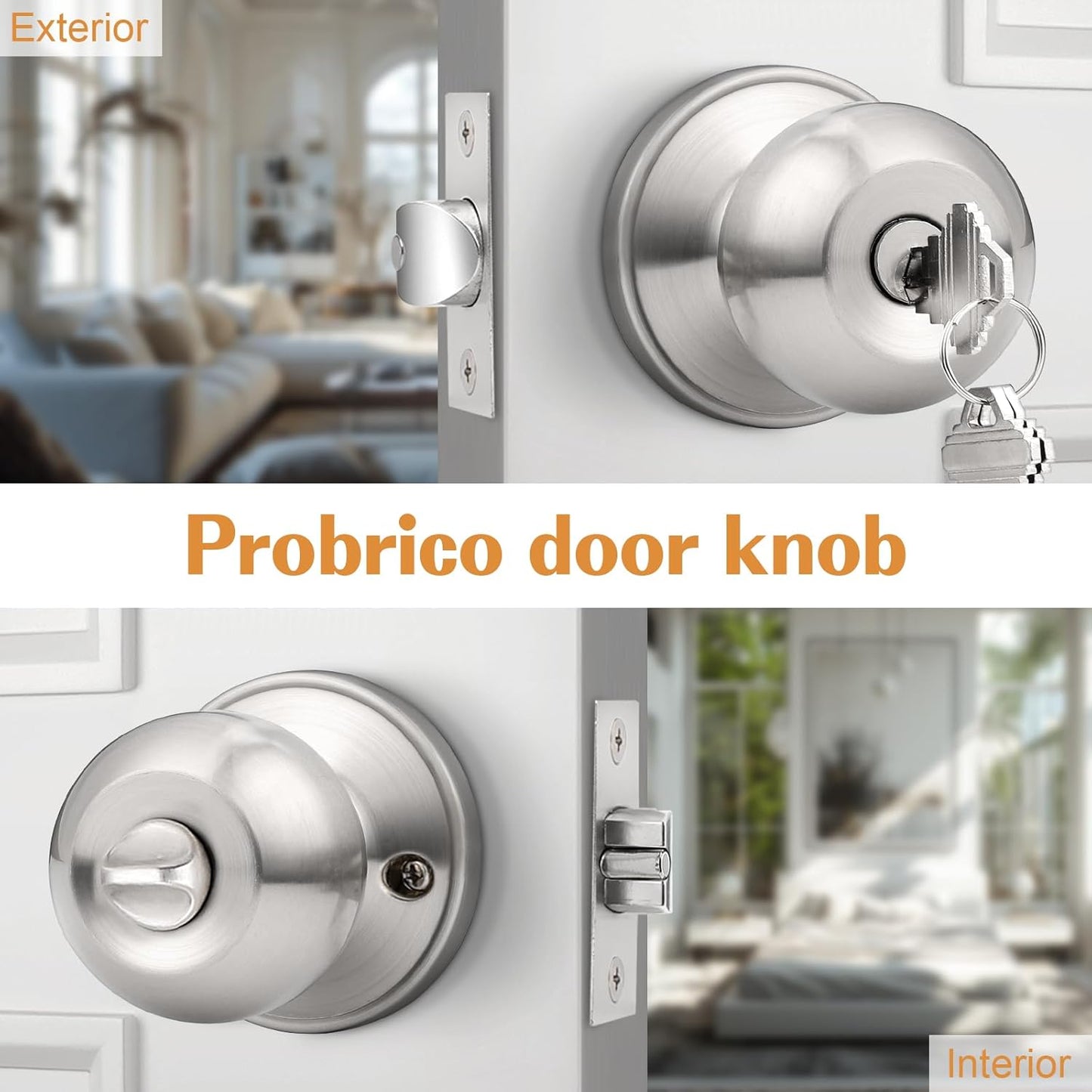 Probrico Brushed Nickel One Keyway Ball Door Knobs Entry Lock with Keys, 3 Pack Keyed Alike Door Locksets, Interior Exterior Keyed Hardware - WildKart