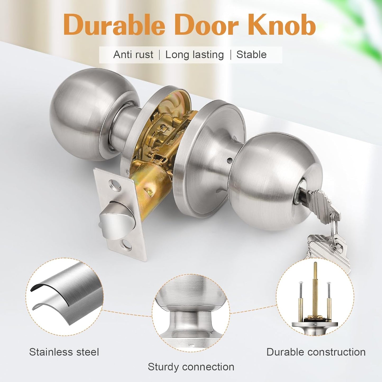 Probrico Brushed Nickel One Keyway Ball Door Knobs Entry Lock with Keys, 3 Pack Keyed Alike Door Locksets, Interior Exterior Keyed Hardware - WildKart