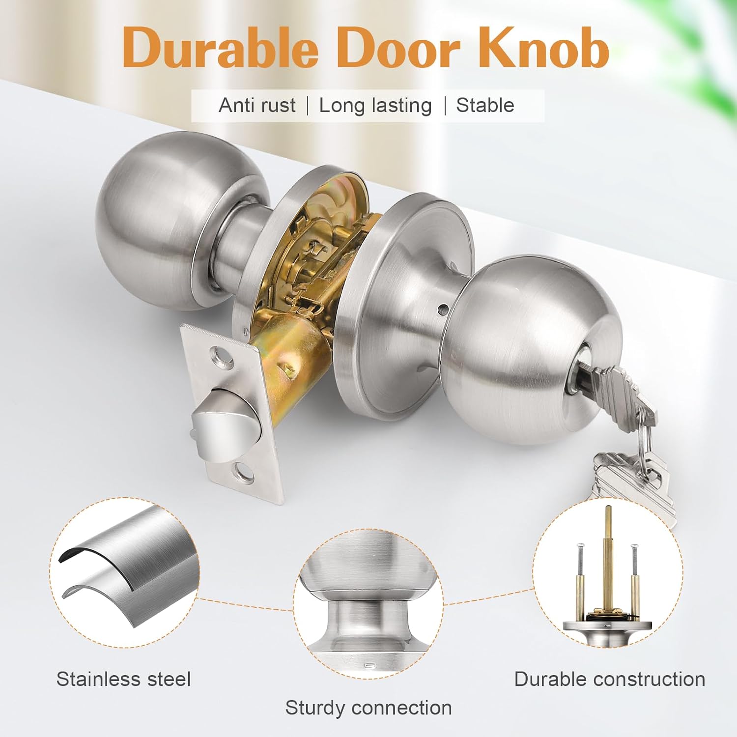 Probrico Brushed Nickel One Keyway Ball Door Knobs Entry Lock with Keys, 3 Pack Keyed Alike Door Locksets, Interior Exterior Keyed Hardware - WildKart