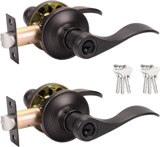 Probrico Entrance Lever Door Handle Combo Pack, Oil Rubbed Bronze Finish, Keyed Alike Lockset, Contemporary Style - 2 Pack