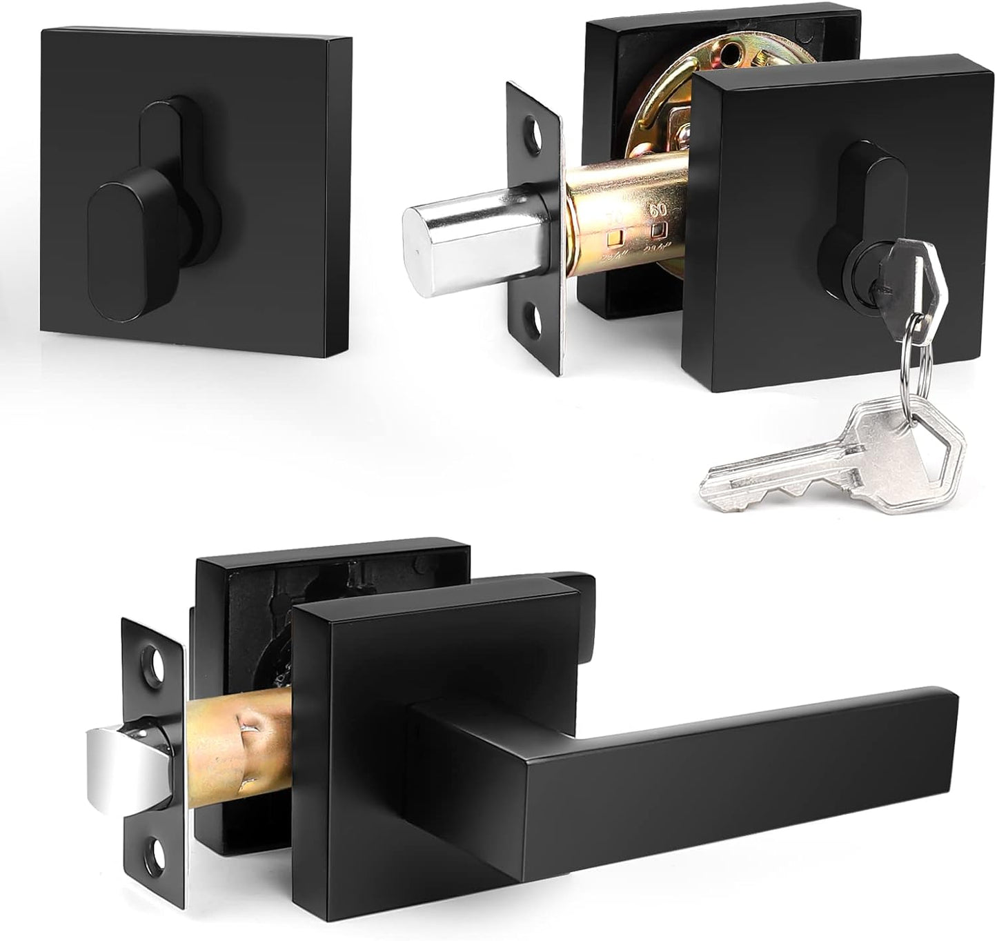 Probrico Flat Black Passage Door Lever and Deadbolt Combo Pack - Modern Square Lock Set for Exterior Handleset