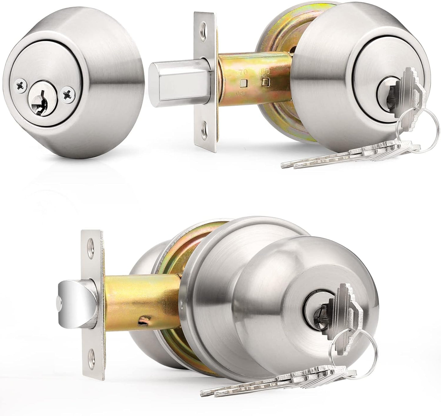 Probrico Satin Nickel Entry Door Knob and Double Cylinder Deadbolt Combo Pack, Keyed on Both Sides, Front Door and Exterior Gate Lockset Hardware