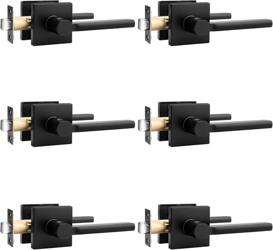 Probrico Square Black Passage Door Handle Keyless Lever Lock Set for Interior Closet Doors - 6 Pack