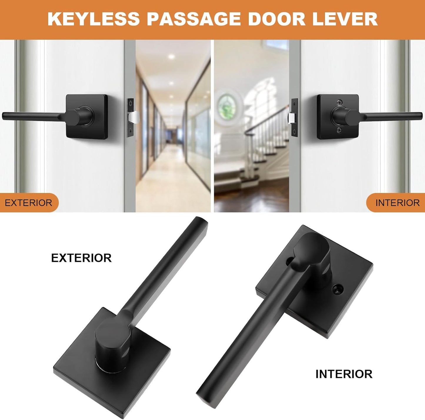 Probrico Square Black Passage Door Handle Keyless Lever Lock Set for Interior Closet Doors - 6 Pack