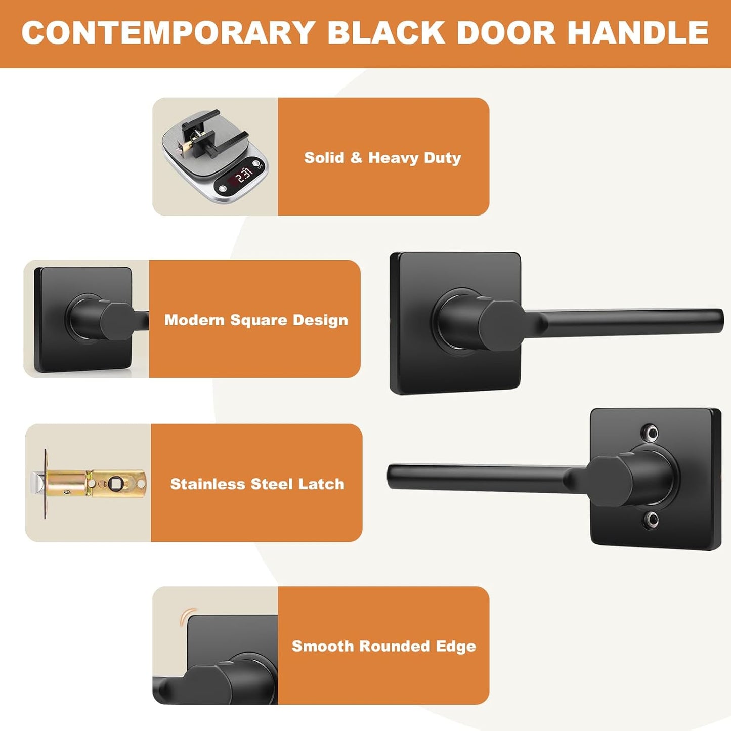 Probrico Square Black Passage Door Handle Keyless Lever Lock Set for Interior Closet Doors - 6 Pack
