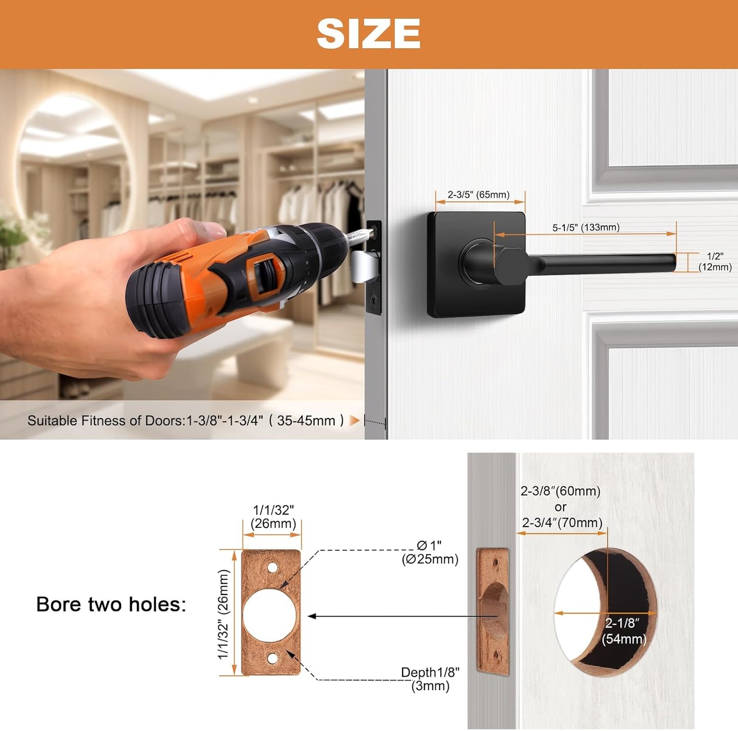 Probrico Square Black Passage Door Handle Keyless Lever Lock Set for Interior Closet Doors - 6 Pack