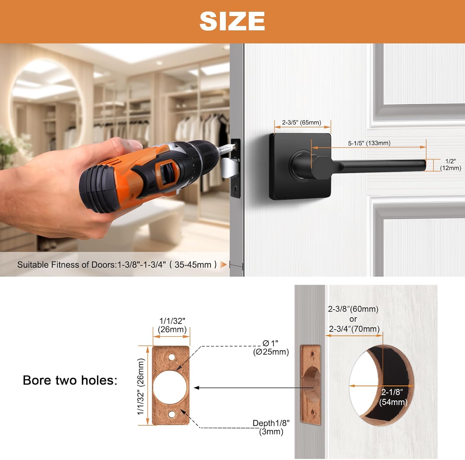 Probrico Square Black Passage Door Handle Keyless Lever Lock Set for Interior Closet Doors - 6 Pack