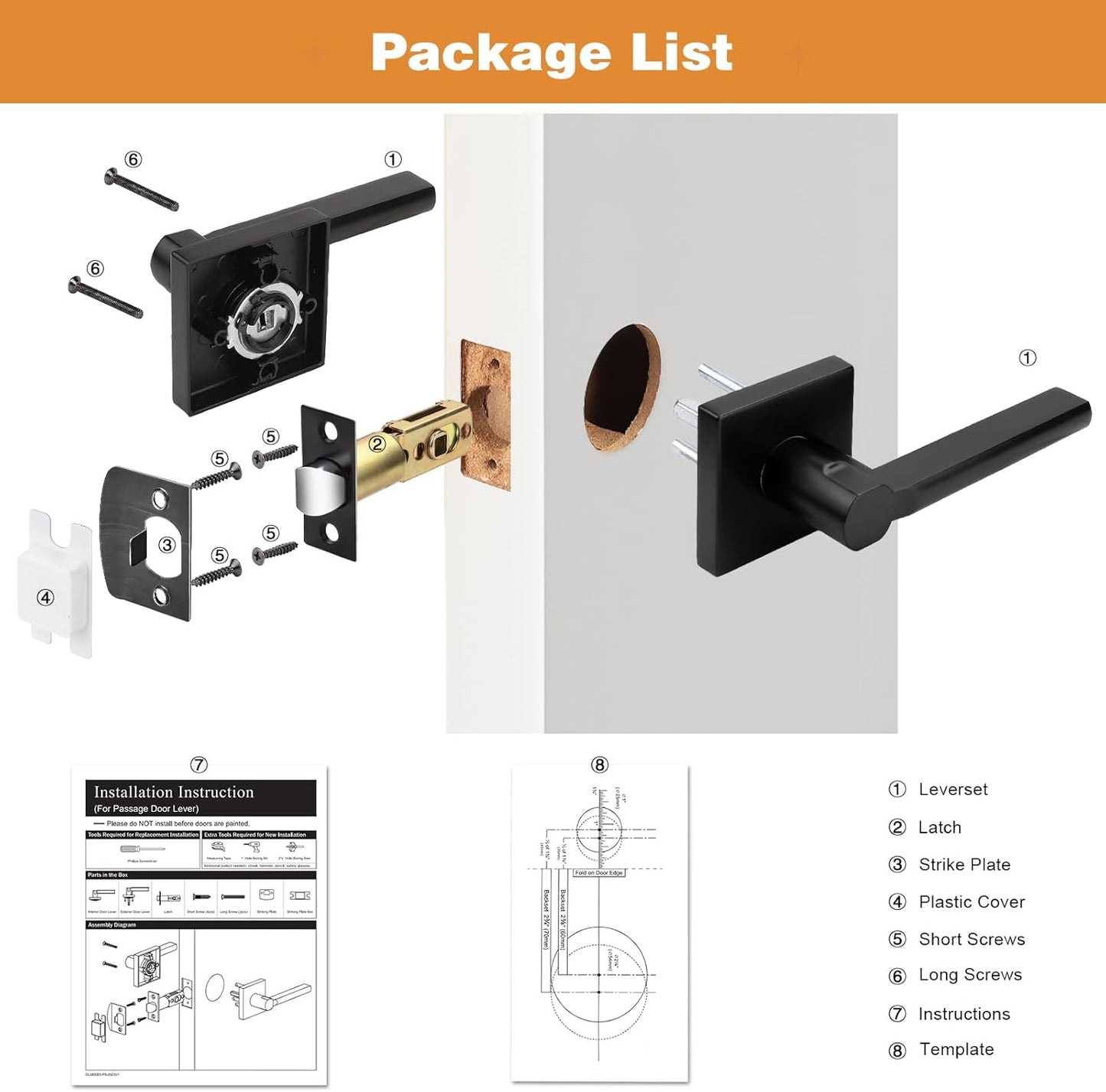 Probrico Square Black Passage Door Handle Keyless Lever Lock Set for Interior Closet Doors - 6 Pack