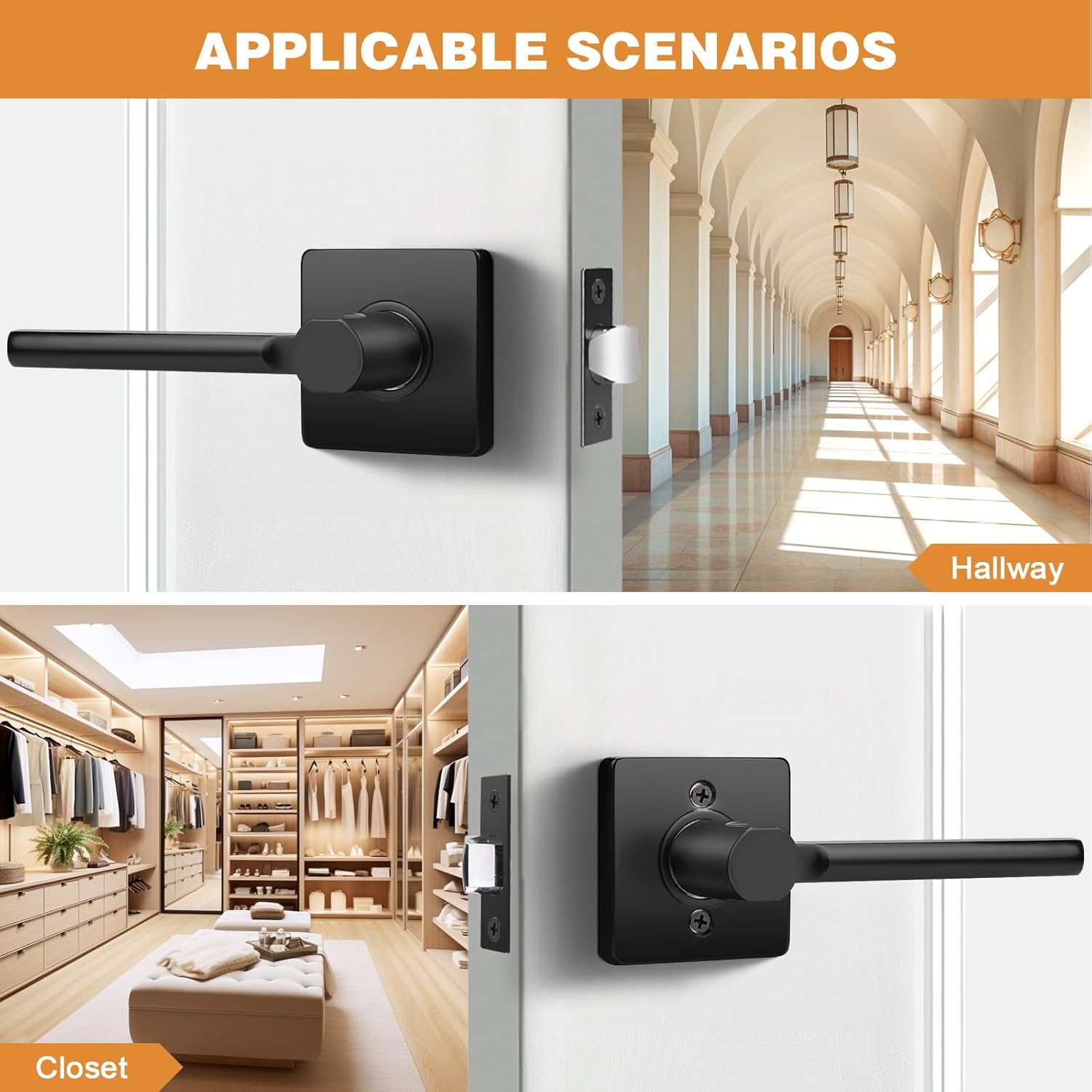 Probrico Square Black Passage Door Handle Keyless Lever Lock Set for Interior Closet Doors - 6 Pack
