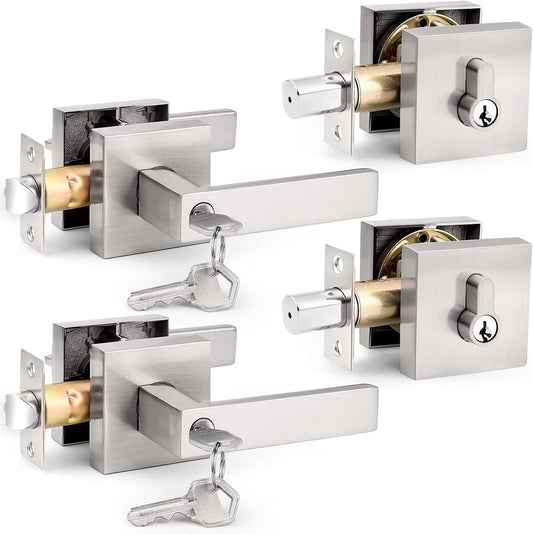 Probrico Square Entry Levers and Deadbolts Combo Pack, Satin Nickel Keyed Alike - Heavy Duty Reversible Locksets for Right/Left Side - 2 Pack