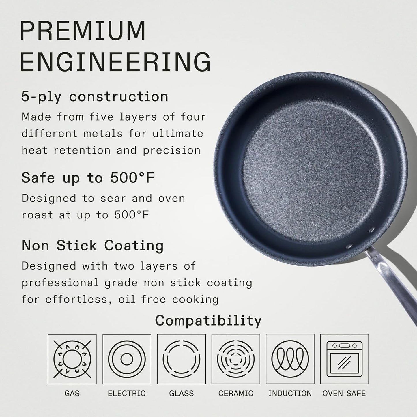 ProCoat 12" Non Stick Frying Pan (Graphite) - 5 Ply Stainless Clad Nonstick - Professional Cookware - Made in USA - Induction Compatible