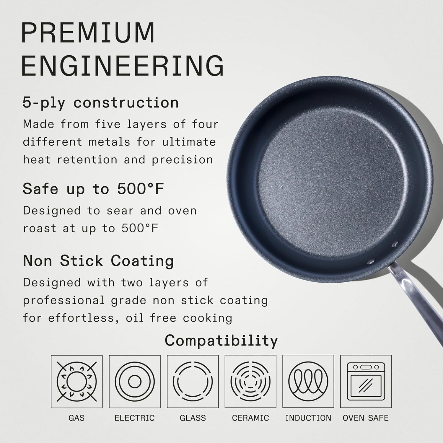 ProCoat 12" Non Stick Frying Pan (Graphite) - 5 Ply Stainless Clad Nonstick - Professional Cookware - Made in USA - Induction Compatible