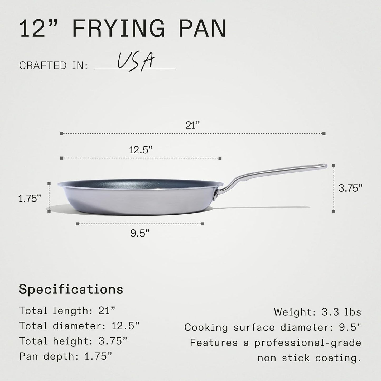ProCoat 12" Non Stick Frying Pan (Graphite) - 5 Ply Stainless Clad Nonstick - Professional Cookware - Made in USA - Induction Compatible