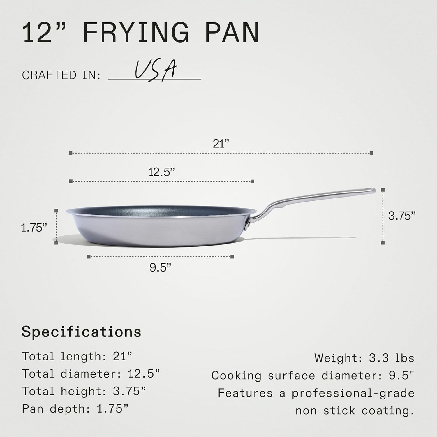 ProCoat 12" Non Stick Frying Pan (Graphite) - 5 Ply Stainless Clad Nonstick - Professional Cookware - Made in USA - Induction Compatible