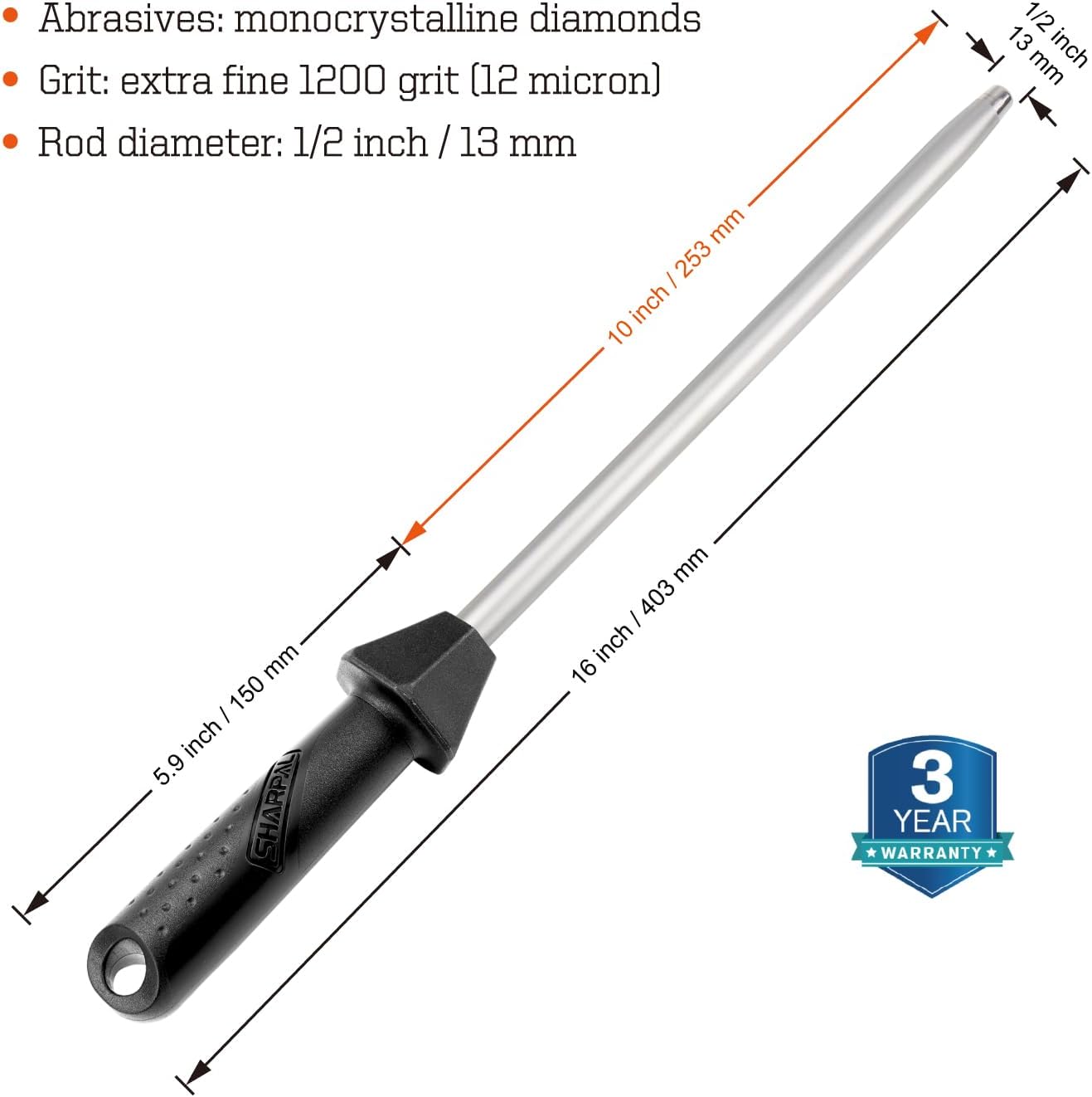 Professional Diamond Sharpening Steel Rod with Angle Guides for Chef and Kitchen Knives - SHARPAL 119N