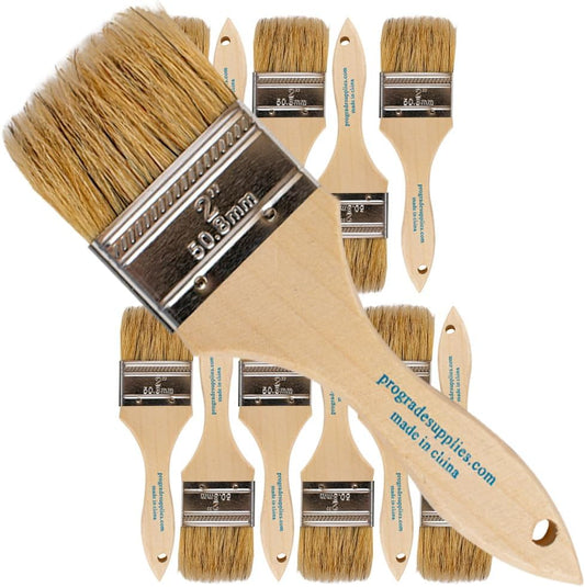 Professional Grade - Set of 12 2 Inch Chip Paint Brushes in Light Brown Color