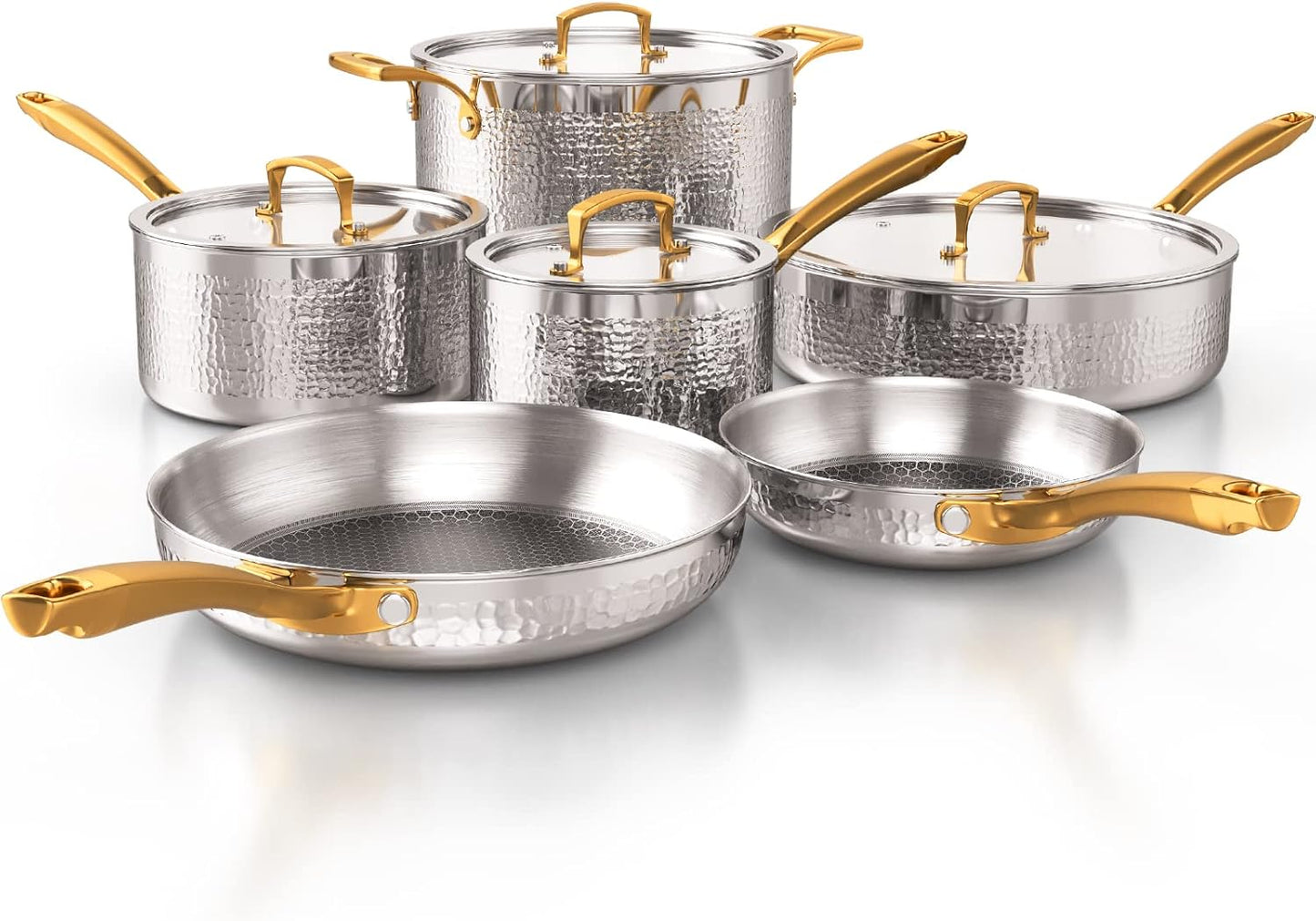 Professional Grade 10-Piece Tri-Ply Stainless Steel Cookware Set, Non-Toxic, Induction Compatible, Dishwasher and Oven Safe, Hammered Kitchen Pots and Pans
