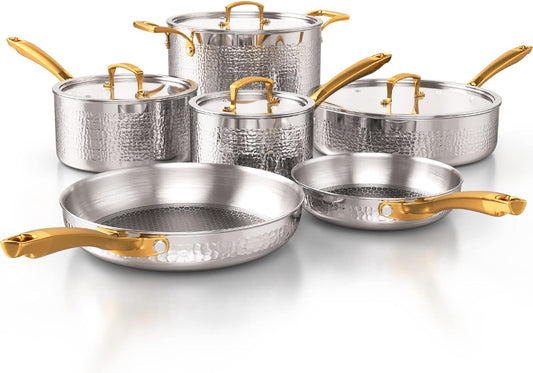 Professional Grade 10-Piece Tri-Ply Stainless Steel Cookware Set, Non-Toxic, Induction Compatible, Dishwasher and Oven Safe, Hammered Kitchen Pots and Pans
