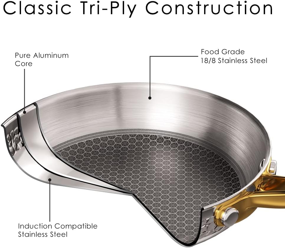 Professional Grade 10-Piece Tri-Ply Stainless Steel Cookware Set, Non-Toxic, Induction Compatible, Dishwasher and Oven Safe, Hammered Kitchen Pots and Pans