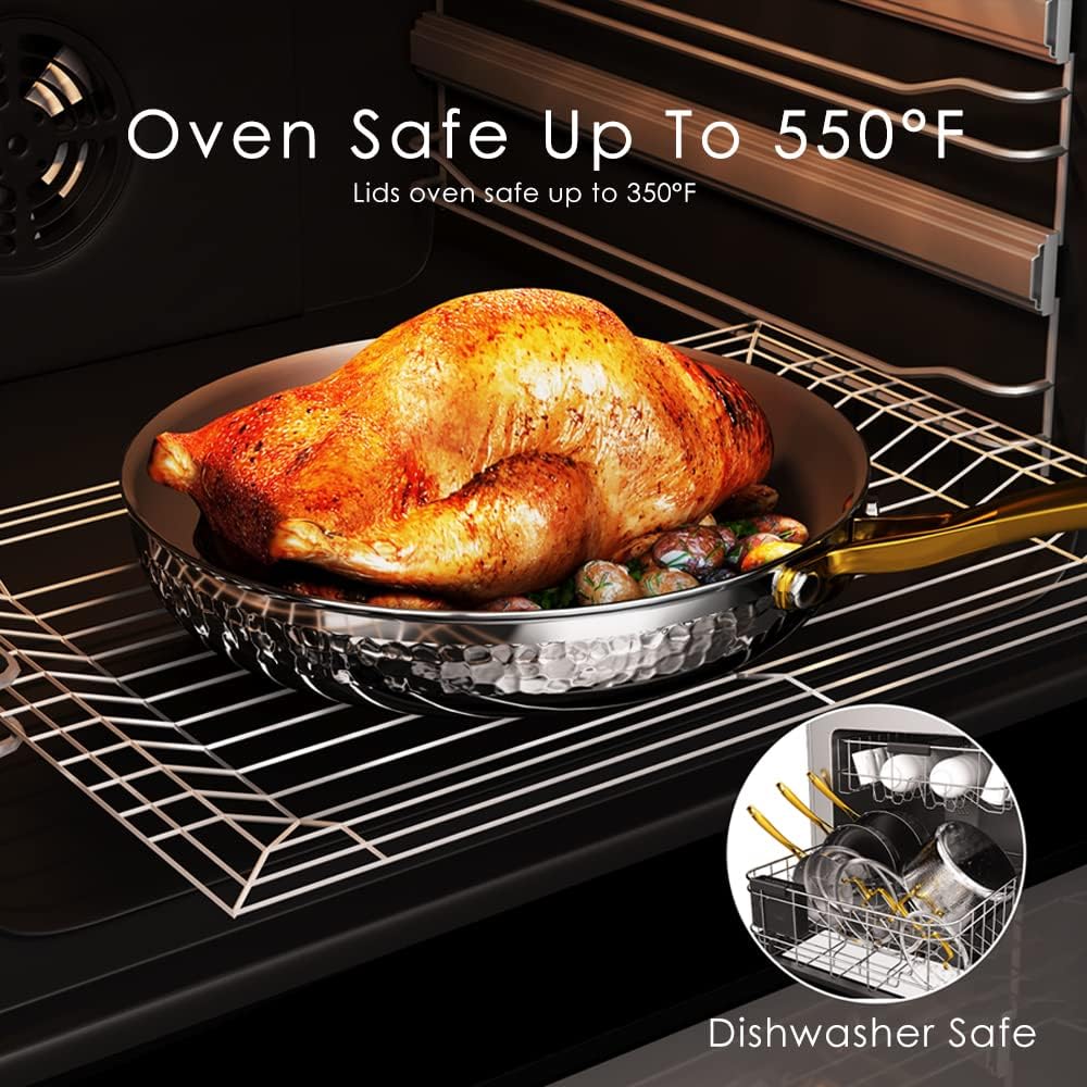 Professional Grade 10-Piece Tri-Ply Stainless Steel Cookware Set, Non-Toxic, Induction Compatible, Dishwasher and Oven Safe, Hammered Kitchen Pots and Pans