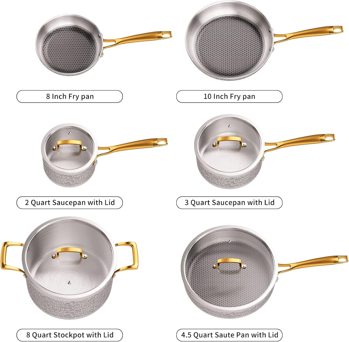 Professional Grade 10-Piece Tri-Ply Stainless Steel Cookware Set, Non-Toxic, Induction Compatible, Dishwasher and Oven Safe, Hammered Kitchen Pots and Pans