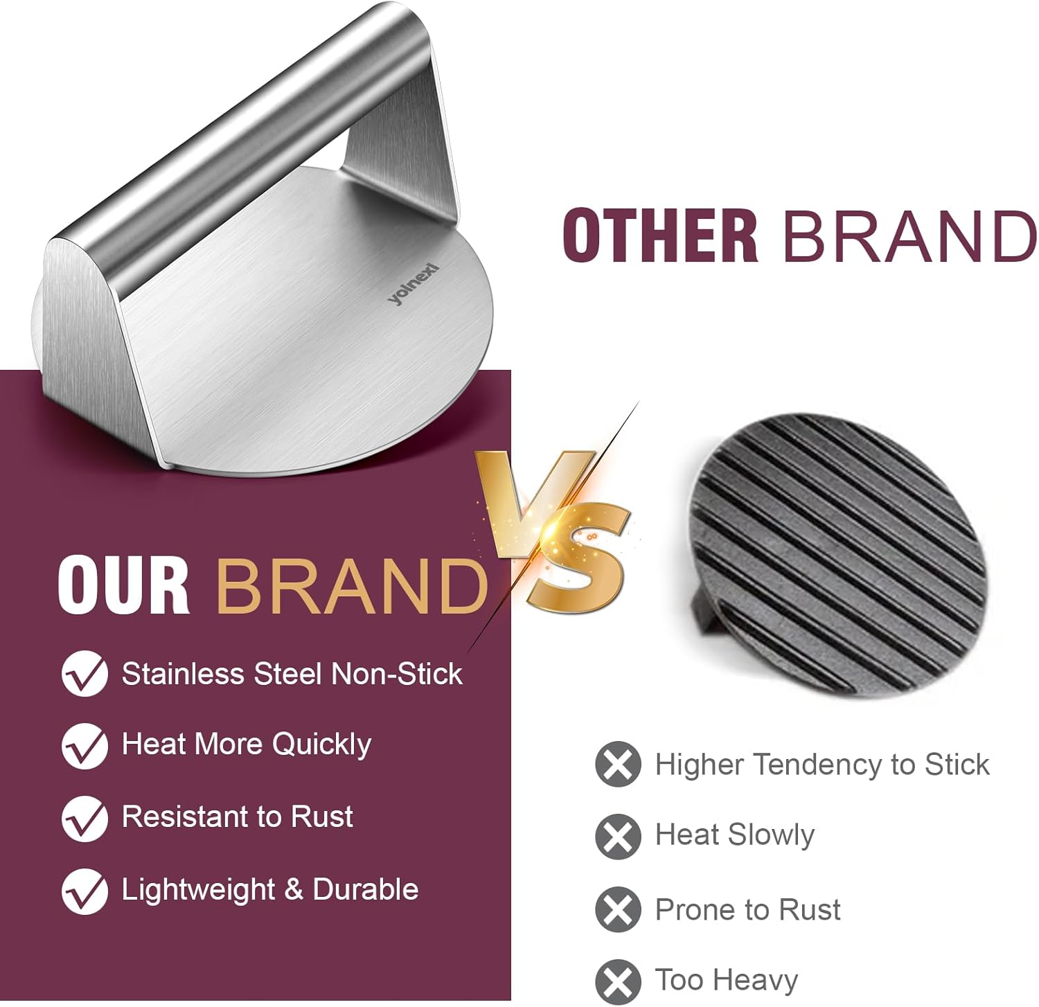 Professional Stainless Steel 5.5 Inch Round Burger Press for Griddle - Smashburger Tool for Bacon, Ground Beef, Sausage