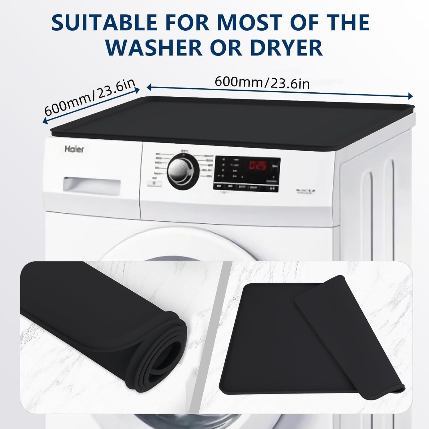 Protective Black Washer and Dryer Cover - 23.6" x 19.7" Non-Slip Silicone Mat for Washing Machine - Heat Resistant Laundry Appliance Top Cover for Home - 1 Piece