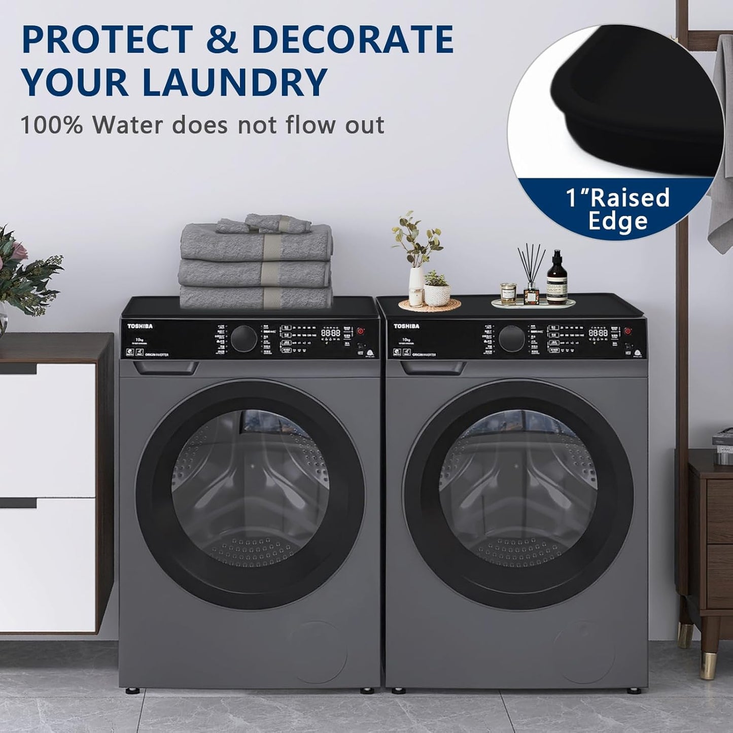 Protective Black Washer and Dryer Cover - 23.6" x 19.7" Non-Slip Silicone Mat for Washing Machine - Heat Resistant Laundry Appliance Top Cover for Home - 1 Piece