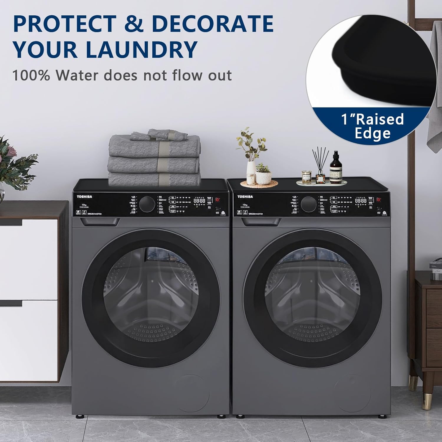 Protective Black Washer and Dryer Cover - 23.6" x 19.7" Non-Slip Silicone Mat for Washing Machine - Heat Resistant Laundry Appliance Top Cover for Home - 1 Piece