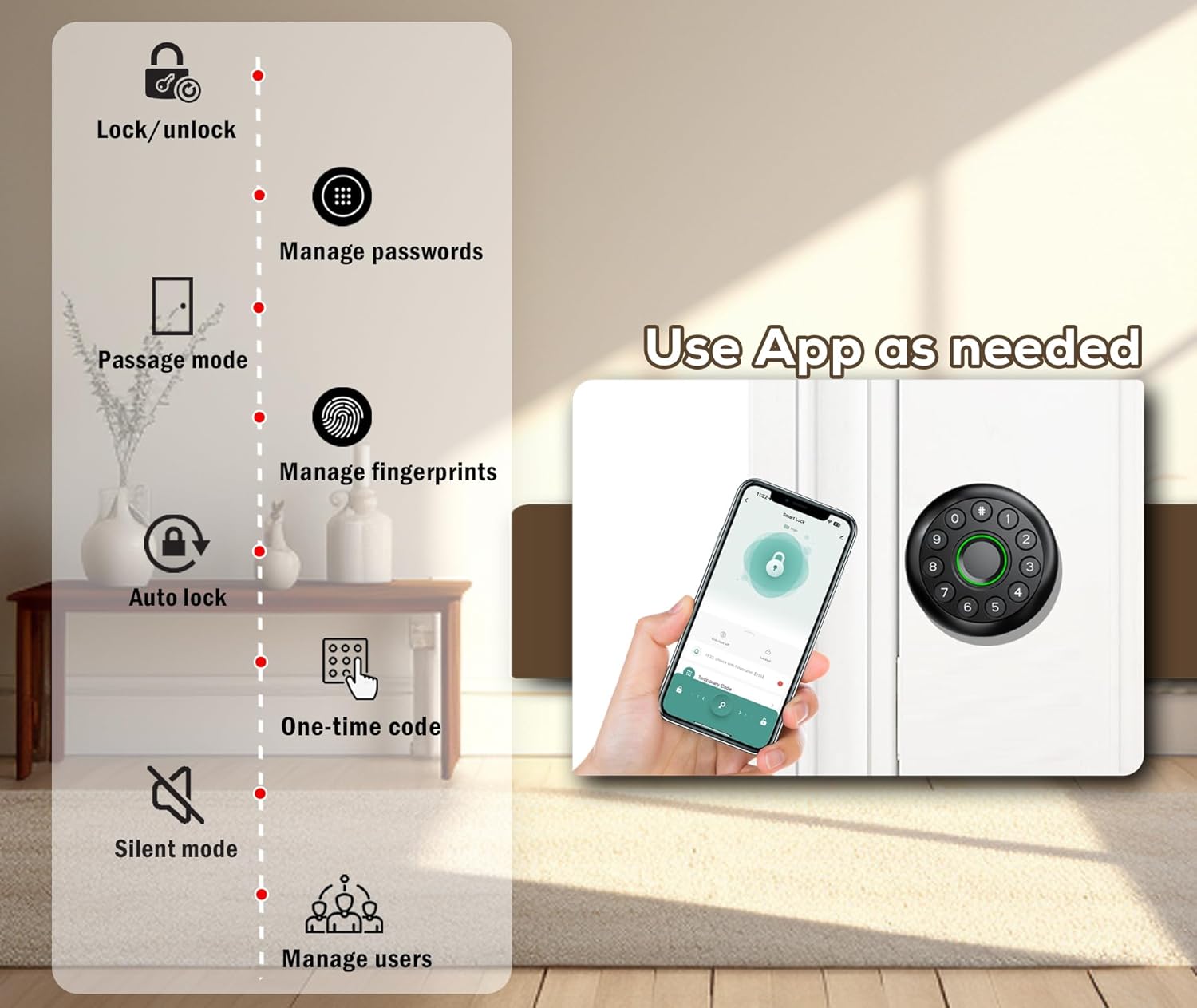Pulido Smart Fingerprint Door Lock with Keypad and Real Buttons - No App Required - Ideal for Bedroom, Office, Apartment