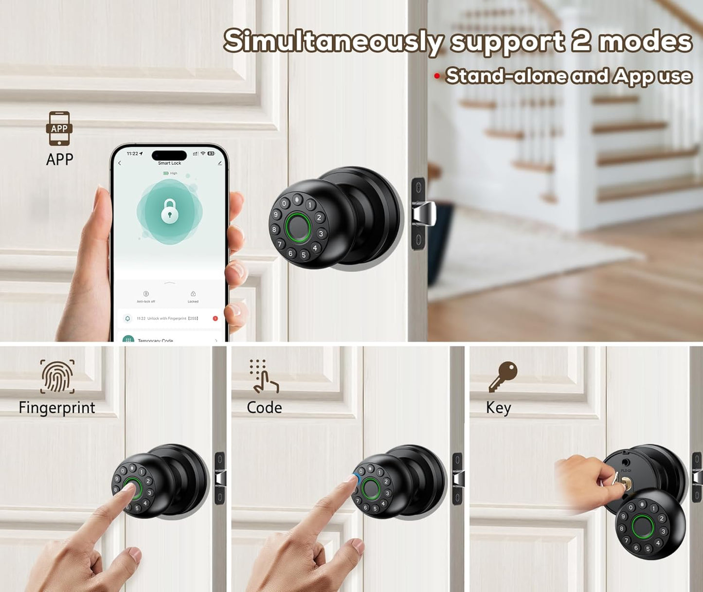 Pulido Smart Fingerprint Door Lock with Keypad and Real Buttons - No App Required - Ideal for Bedroom, Office, Apartment