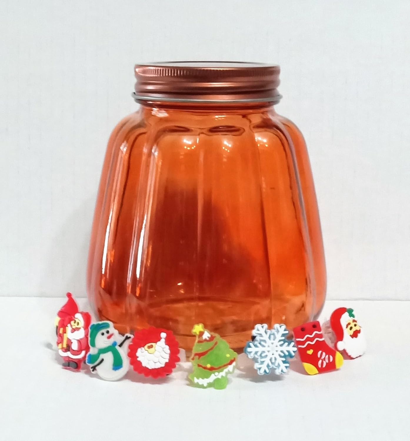 Pumpkin Shaped Glass Jars with Rose Gold Lids, Set of 2 Clear or Orange Jars + Bonus X-Mas Light-Up Ring