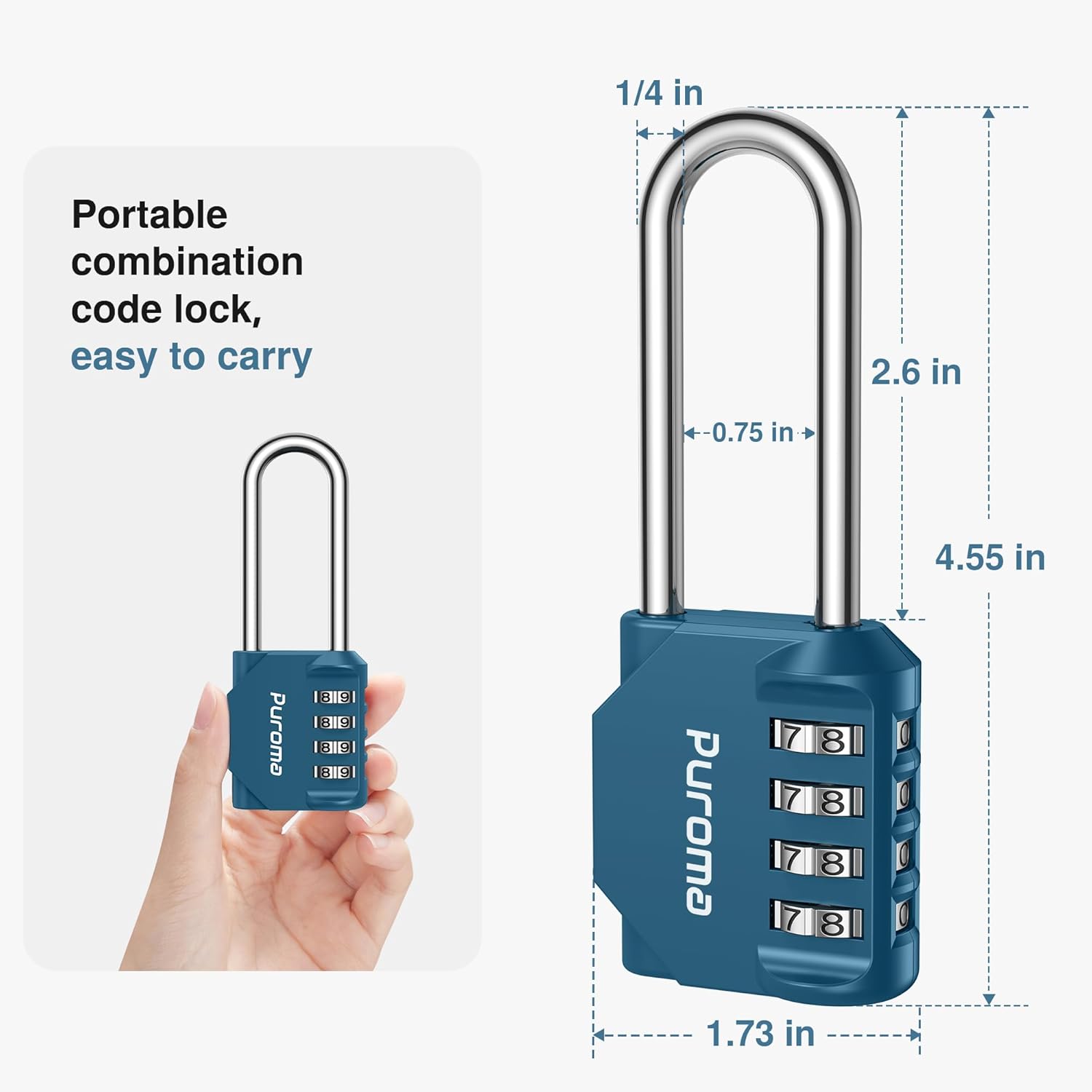 Puroma 1 Pack 4 Digit Combination Lock Outdoor Waterproof Padlock with Long Shackle for School Gym Locker