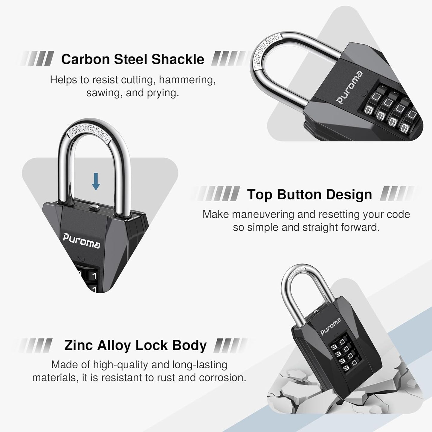 Puroma 3 Pack 4 Digit Combination Locks for Outdoor and Gym Lockers - Heavy Duty Weatherproof Padlocks with Resettable Code