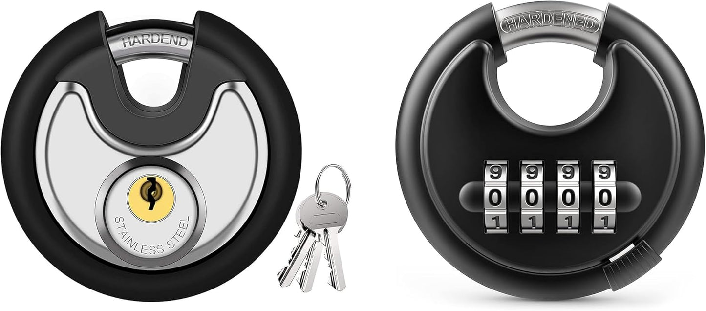 Puroma Combination Lock, 4 Digit Disc Padlock with Hardened Steel Shackle, and Keyed Padlock, Stainless Steel Discus Lock Heavy Duty Locks with 3 Keys