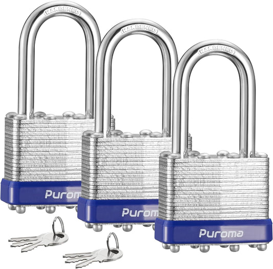 Puroma Locks 3 Pack - Heavy-Duty 1-1/2” Long Shackle Padlocks with 6 Keys, 40mm Hardened Steel, Keyed Alike for Sheds, Gates, Fences, Toolbox - Indoor/Outdoor Use (Silver) - WildKart
