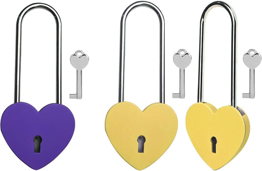 Purple and Yellow 3.5" Heart Lock with Key - Matte Metal Love Padlock for Lovelock Bridge, Jewelry Box, Diary - 50mm